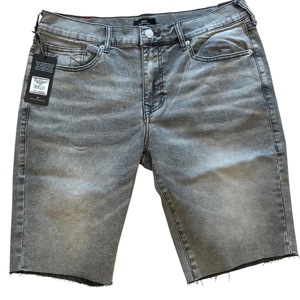 True Religion Ricky Relaxed Straight Grey Silvery Wash Raw Hem Denim Shorts 36